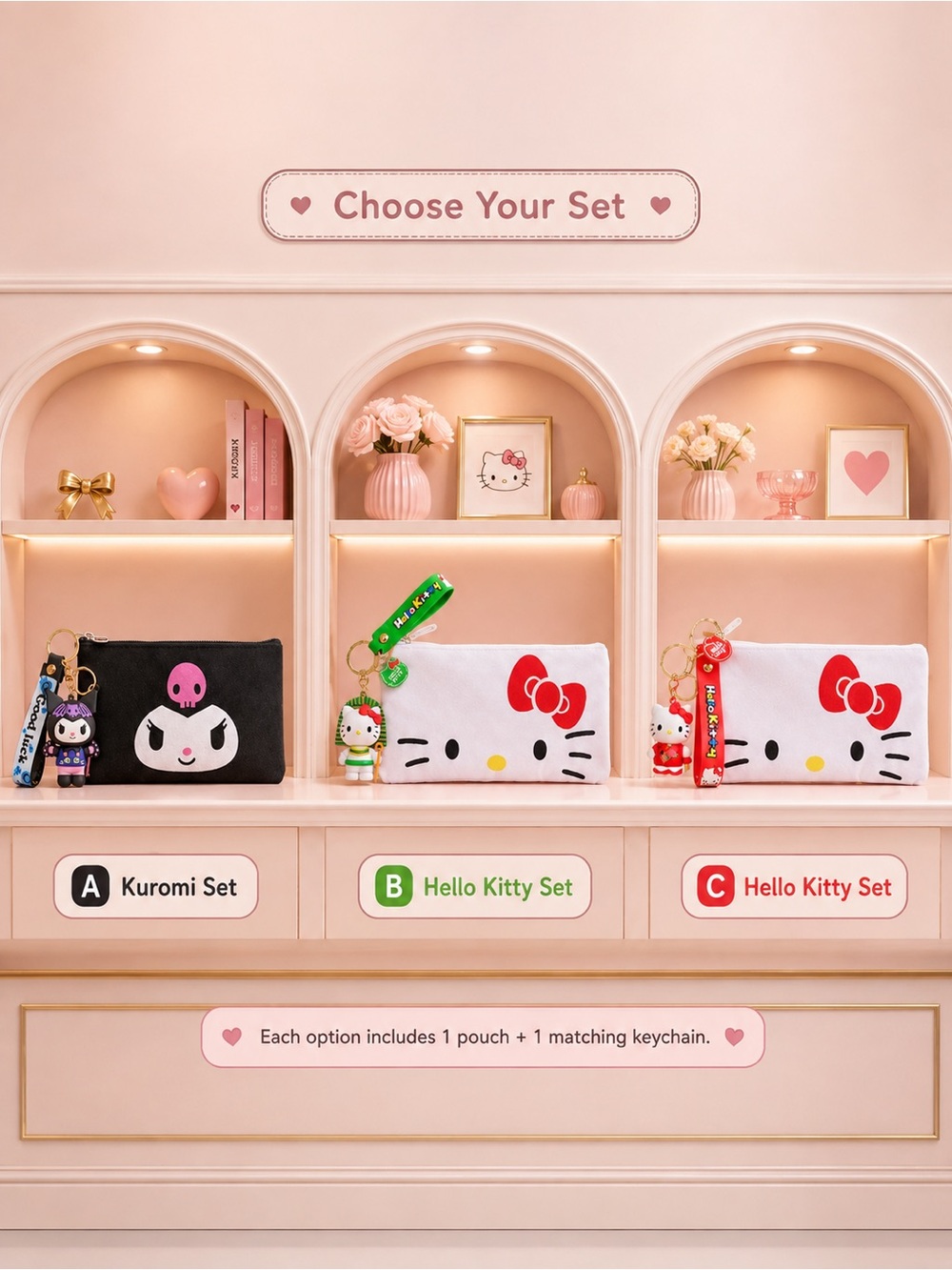 Hello Kitty & Kuromi Pouch + Keychain Set Choose A B or C NWT